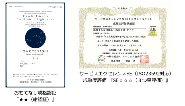 経済産業省が認定する「おもてなし規格認証」制度の「紺認証」、「サービスエクセレンスSE成熟度評価」において継続して高評価で承認されました