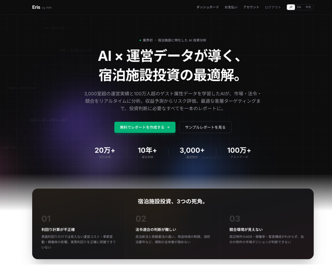 PIPI、宿泊施設投資向けAI評価ツール「ERIS」を公開