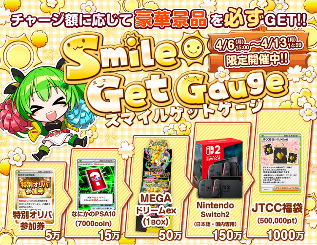 【4/13までの期間限定】最大50万pt相当の「JTCC福袋」や「Nintendo Switch 2」が必ずもらえる！日本トレカセンターが「新生活応援！スマイルゲットゲージ」を開催