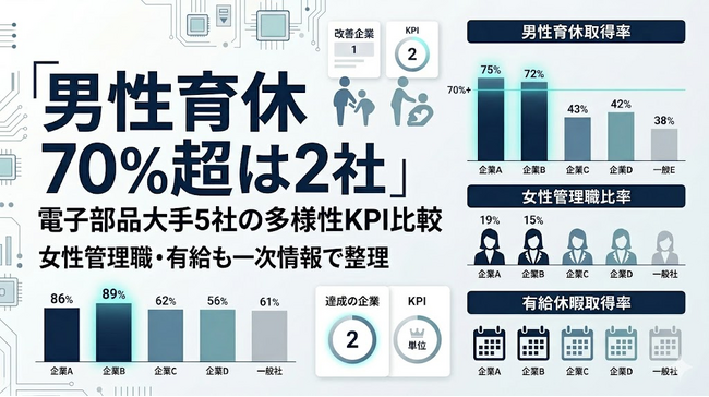 【人的資本調査：電子部品デバイス】大手5社の男性育休×女性管理職×有給を一次情報で比較｜キーエンス・村田製作所が男性育休70%超