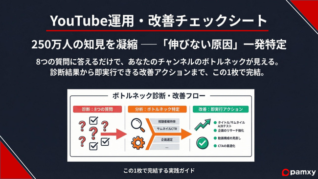 【YouTube支援】伸び悩みの原因を最短30秒で特定。株式会社pamxy、累計250万人の知見を凝縮した『YouTube運用・改善チェックシート』を無料公開