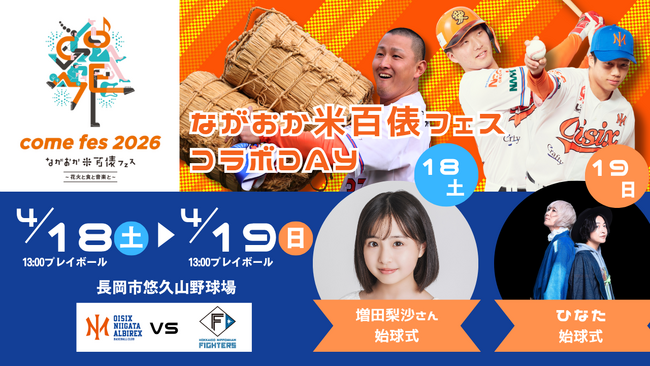 【オイシックス新潟】4/18・19の日本ハム戦にて「ながおか米百俵フェス コラボDAY」開催！増田梨沙さん・ひなたさんによる始球式が決定