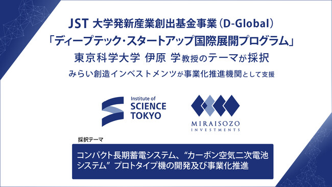 東京科学大学 伊原学 教授とみらい創造インベストメンツによる申請テーマがJST「ディープテック・スタートアップ国際展開プログラム（D-Global）」に採択