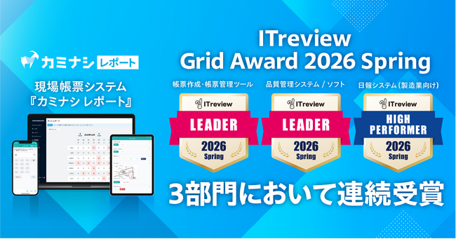 現場帳票システム『カミナシ レポート』が「ITreview Grid Award 2026 Spring」の3部門において連続受賞