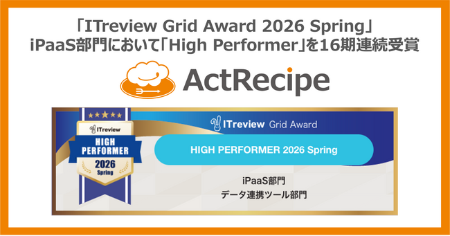 iPaaS「ActRecipe」が「ITreview Grid Award 2026 Spring」において「High Performer」を16期連続受賞