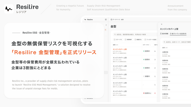 株式会社Resilire、金型の無償保管リスクを可視化する「Resilire 金型管理」を正式リリース