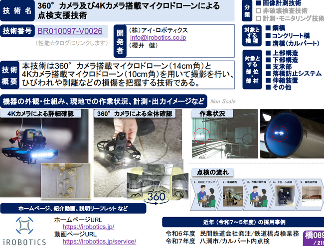 360°＆４Kマイクロドローン点検技術「性能評価」と「社会実装」で評価獲得 ～ 国土交通省カタログ掲載 ～