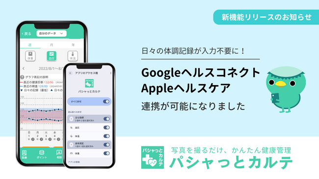PHRアプリ「パシャっとカルテ」、iOS「Appleヘルスケア」・Android「Googleヘルスコネクト」とのデータ連携を開始。日々の健康記録の自動化で、より手軽なセルフケアを実現