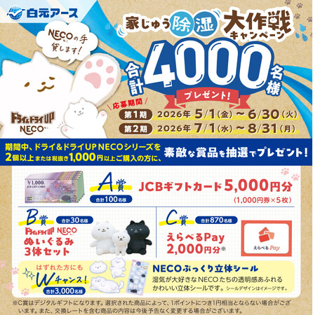 白元アースの超大容量湿気とり「ドライ&ドライUP NECO」シリーズを買って当てよう！「NECOの手貸します！家じゅう除湿大作戦キャンペーン」実施！