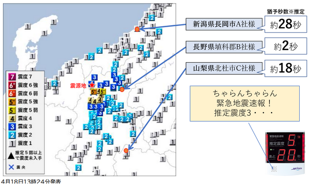 長野県北部を震源とする最大震度5強の地震(4月18日13：20頃発生)について、『ProP biz（プロップビズ）緊急地震速報配信サービス』の配信状況をお知らせいたします。
