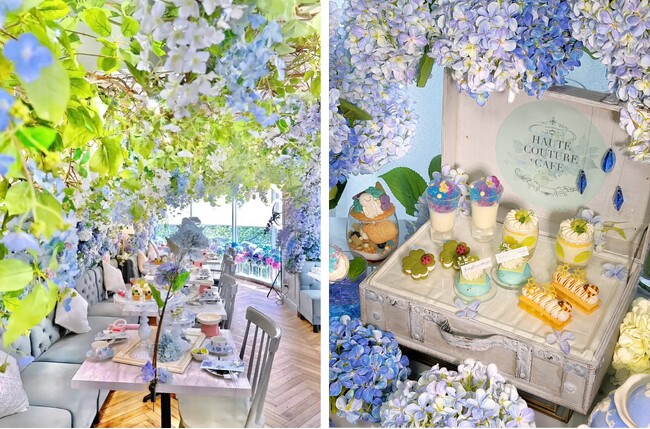 【HAUTE COUTURE CAFE 中目黒】きらめく雨粒と色づく紫陽花が彩る雨上がりの宝石箱のようなアフタヌーンティー「Hydrangea × Rain Jewels Afternoon Tea」