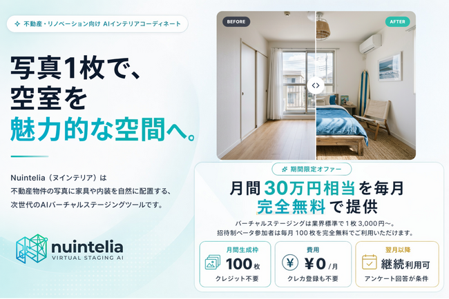 写真1枚で空室を即モデルルーム化。不動産会社向けAIバーチャルステージング「Nuintelia（ヌインテリア）」β版提供開始