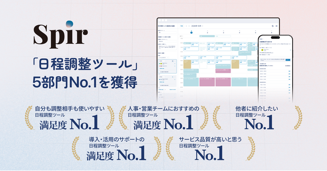 日程調整ツールのSpir（スピア）、日本マーケティングリサーチ機構の調査で「日程調整ツール」5部門No.1を獲得