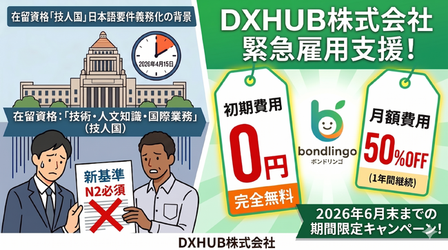 【緊急支援】「技人国」の日本語要件義務化を受け、DXHUBが初期費用0円・月額50%OFFでオンライン日本語学習「bondlingo」を提供開始