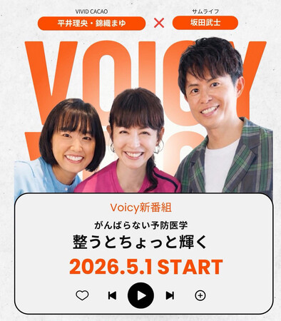 「なんとなく不調」を、前向きな日常へ。予防医学の第一人者・坂田武士が、VIVID CACAO代表・平井理央、錦織まゆと共にVoicyで新番組『がんばらない予防医学』を5月1日始動！
