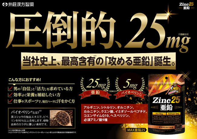 1日2粒で亜鉛25mg！植物由来の黒胡椒抽出物「バイオペリン(R)※」配合で、活力ある毎日を強力サポート【MAX亜鉛25】新発売