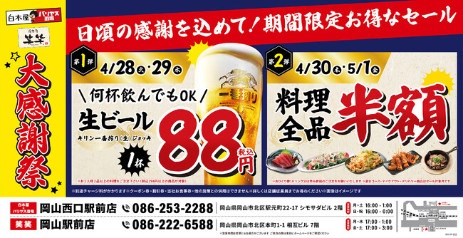 【大感謝祭】岡山県の「白木屋×バリヤス酒場 岡山西口駅前店」「笑笑 岡山駅前店」で日頃の感謝を込めて“大感謝セール”を開催！生ビール1杯88円（税込）セールや料理全品半額セールを日替わりで実施！