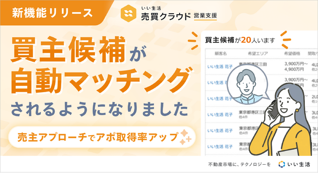 「いい生活売買クラウド 営業支援」買主候補の自動マッチング機能をリリース