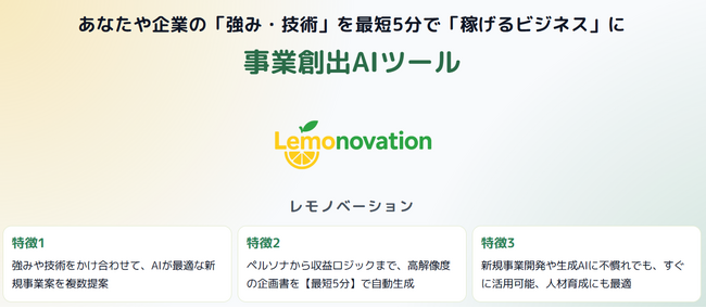 【無料モニター募集】事業創出AI『Lemonovation（レモノベーション）』β版の提供を開始 ～企業やあなたの「強み・技術」を最短5分で「稼げる新規事業アイデア」に変える～