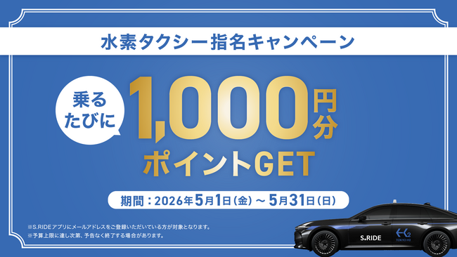 タクシーアプリ「S.RIDE(R)」、水素タクシー指名配車で乗るたび1,000円分のポイント還元キャンペーンを開始