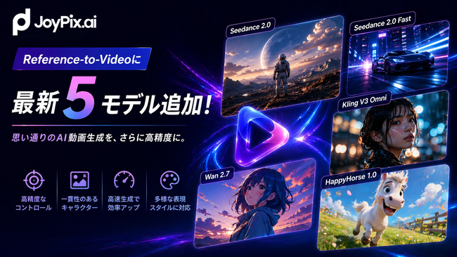 JoyPix.ai、思い通りのAI動画生成を加速する「Reference-to-Video」機能に、話題の「HappyHorse 1.0」やSeedance 2.0など5つの最上位モデルが新登場