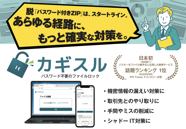 カギスル、中小企業向け法人プランを提供開始 - PPAP代替＋αのサイバーセキュリティを推進　～あらゆる経路に、もっと確実な対策を。～