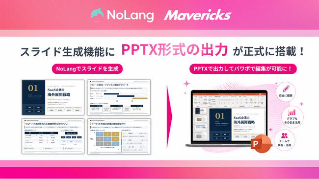 株式会社Mavericksは、動画生成AI「NoLang」のスライド生成機能で作成したスライドが、PowerPoint・Google Slidesでの編集が可能に！