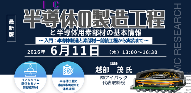 【ライブ配信/ZOOM】「半導体（IC）の製造工程と半導体用素部材の基本情報～ 入門：半導体製造と素部材-前後工程から実装まで ～」セミナー開催！6月11日（木）主催：(株)シーエムシー・リサーチ