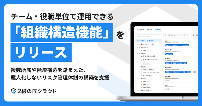 セキュリティリスク評価クラウド「2線の匠クラウド」、チーム・役職単位で運用できる「組織構造機能」をリリース