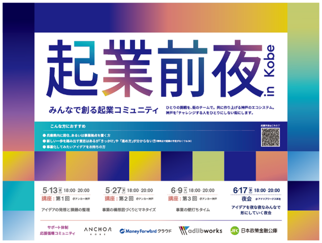みんなで創る起業コミュニティ「起業前夜。in Kobe」5月13日始動 アンカー神戸×マネーフォワード×アドリブワークス×日本政策金融公庫の４社プロジェクト、4回シリーズ　参加者募集