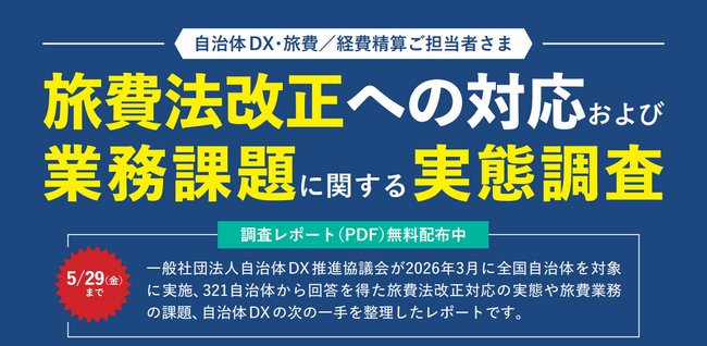【調査公開】業務負荷45.2％増大、99.1％がキャッシュレス連携未実施　／　全国321自治体に聞いた『旅費法改正対応の実態調査』レポートを無料公開～自治体DXの現在地と目的地を可視化 ～