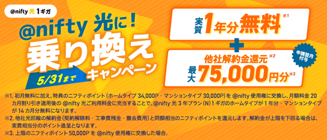 ニフティ、「@nifty光に！乗り換えキャンペーン」を実施～「＠nifty光 ホームタイプ3年プラン（N）1ギガ」の申し込みで実質1年分の月額料金が無料、他社解約金還元も～