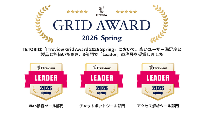 Web接客ツール「TETORI」が「ITreview Grid Award 2026 Spring」3部門にて「Leader」の称号を受賞