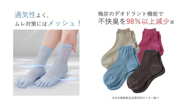 お客様のご要望から生まれた「涼色メッシュ5本指ソックス」と、足裏までメッシュにした、さらっと肌離れのいい履き心地の「梅と和紙のさらさらメッシュソックス」がセシールより販売開始！