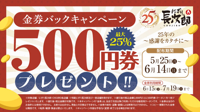 【にぎり長次郎】25周年記念 金券バックキャンペーン開催 5/25(月)から!