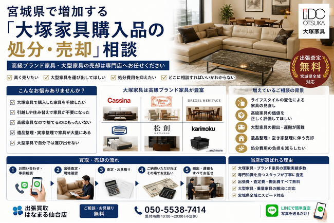 宮城県・仙台市で「大塚家具（IDC OTSUKA）家具の買取強化」を開始　『出張買取はなまる』が共同販売ルート構築で買取体制を拡充
