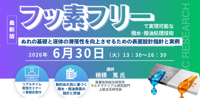 【ライブ配信/ZOOM】「フッ素フリーで実現可能な撥水・撥油処理技術　～ぬれの基礎と液体の滑落性を向上させるための表面設計指針と実例～」セミナー開催！6月30日（火）主催：(株)シーエムシー・リサーチ
