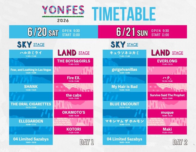 04 Limited Sazabys主催・野外フェス＜YON FES 2026＞タイムテーブルを公開！エルレ、ホルモンら10周年を飾る豪華アクトがモリコロパークに集結