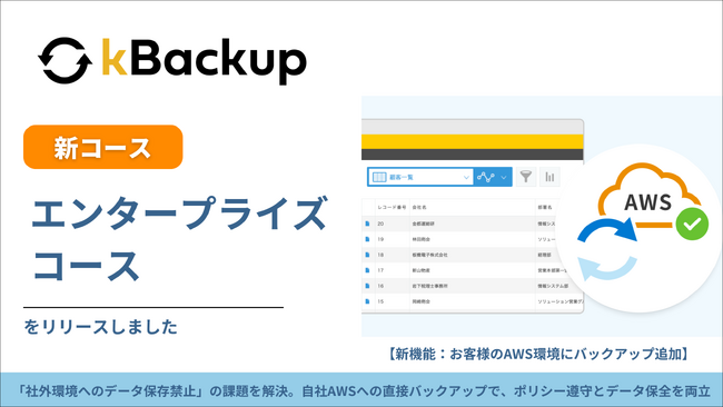 トヨクモ、kintoneのデータ消失リスクに備える『kBackup』にて、自社のAWS環境へ直接保存できる新コース「エンタープライズ」を提供開始