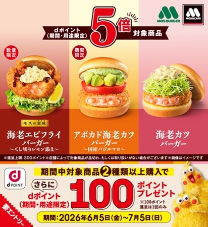 モスバーガーにおいて「対象商品はdポイント5倍キャンペーン」を開催