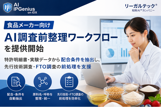 食品メーカー向け「AI調査前整理ワークフロー」を提供開始、知財・研究開発向けAI基盤「IPGenius」