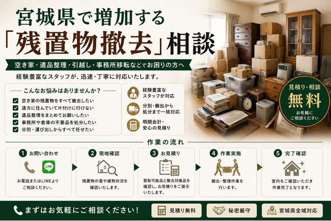 出張買取はなまる仙台店、残置物査定・撤去ワンストップサービスを開始｜宮城県・仙台市で空き家・相続物件・不動産売却前の家財整理ニーズに対応