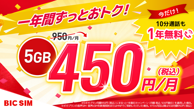 【BIC SIM】1年間おトクが続く！5ギガ月額450円～＆10分通話定額0円。全国の店舗でポイント還元やスマホ値引きも開催