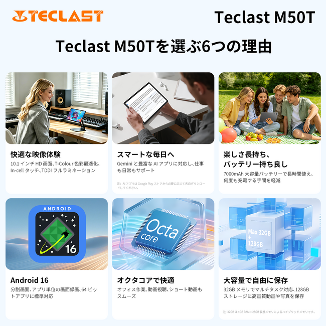 【新品発売】Teclast Android 16 タブレット 【M50T】Amazonで販売開始！7000mAh、128GB ROM、WiFi 6、13MPカメラ、薄型軽量！