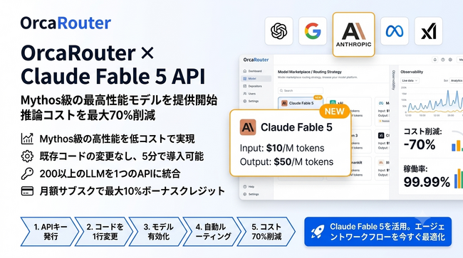 FlashLabs、Anthropic最新モデル「Claude Fable 5」APIをOrcaRouterで提供開始 ― Mythos級の高性能を月額サブスクで最大10%ボーナスクレジット付き