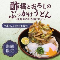 肉つけうどん店「うつけ」期間限定メニュー「酢橘とおろしのぶっかけうどん 夏野菜のかき揚げのせ」