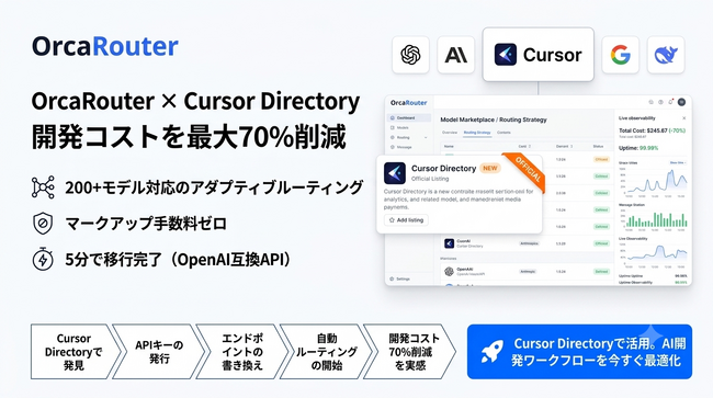 FlashLabs、AI開発ツール「Cursor Directory」にOrcaRouterを公式掲載 ― 200+モデル対応のアダプティブルーティングで開発コスト最大70%削減