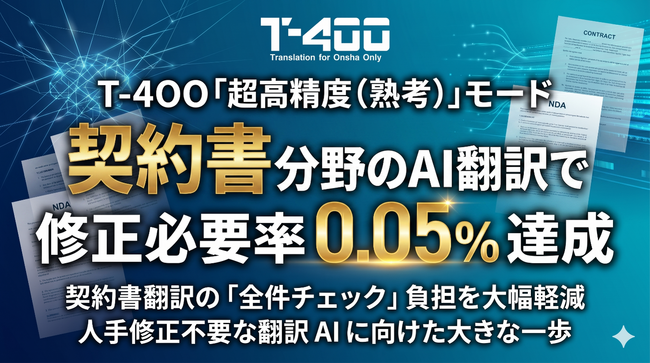 高精度産業翻訳AI「T-4OO」、「超高精度（熟考）」モードで契約書の修正必要率0.05％を達成