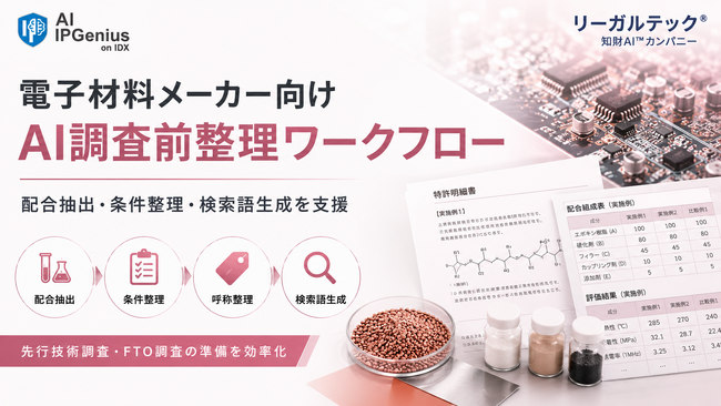 リーガルテック社、電子材料メーカー向け「AI調査前整理ワークフロー」を提供開始【IPGenius】