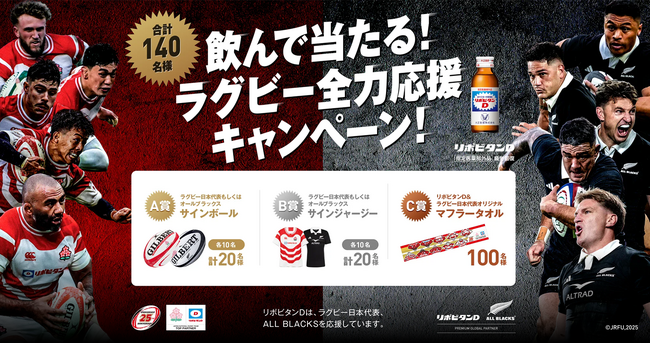 大正製薬、ラグビー日本代表協賛25周年を記念し、6月22日から「飲んで当たる！ラグビー全力応援キャンペーン！」開催リポビタンポイントチャージステーションで応募するとサインボールやジャージーが当たる